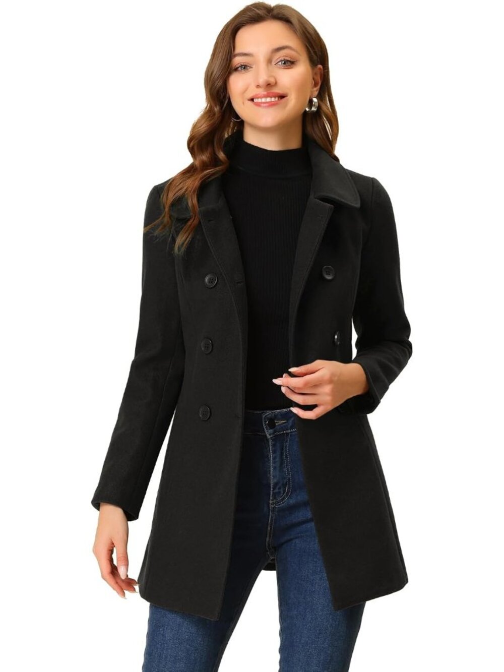 Women's Black Fully lined Peter Pan Collar Double Breasted Long Trench Pea Coat